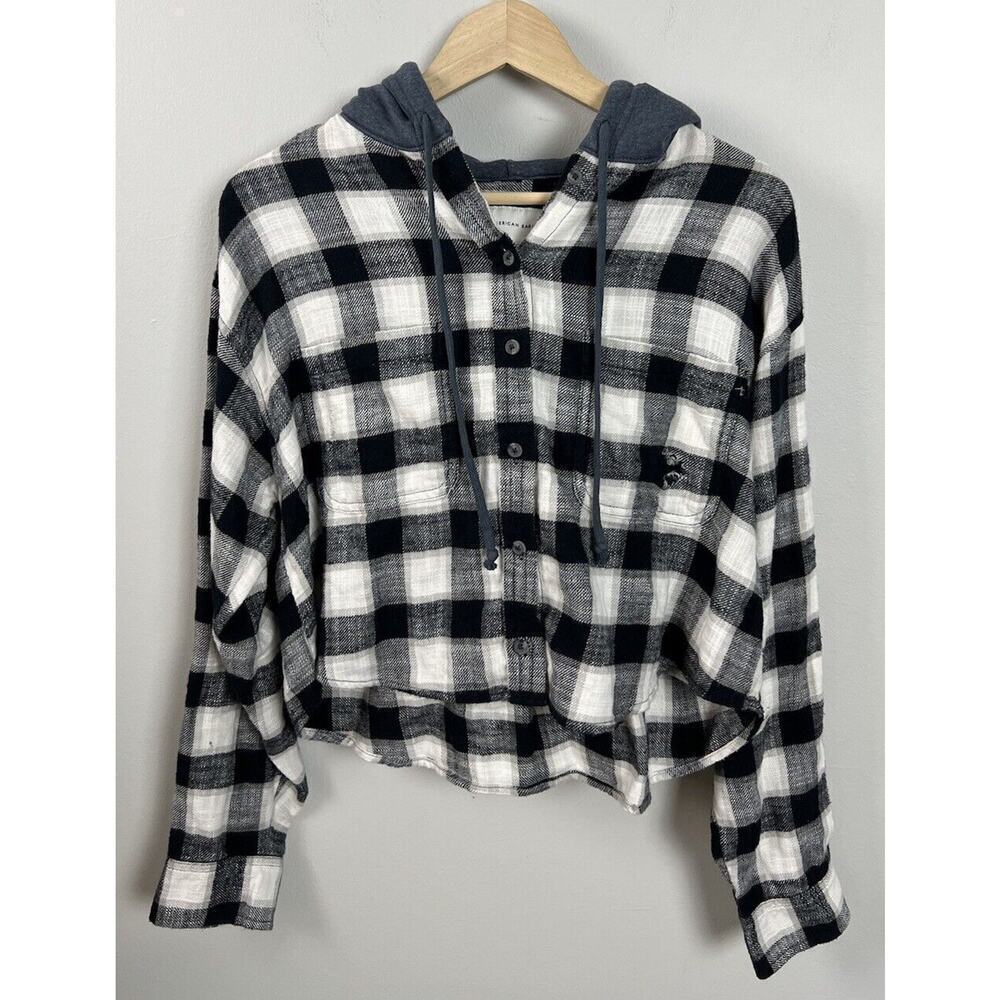 AE Cozy Cabin Cropped Hoodie Flannel Size Medium Distressed Cotton Blend Women’s